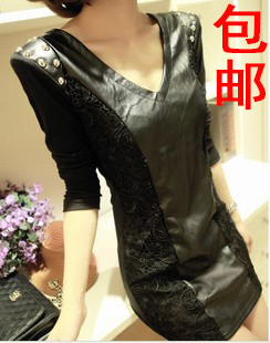 2012 fashion normic sexy slim hip leather skirt v-neck dress