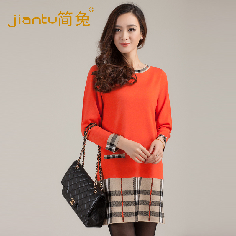 2012 fashion plaid basic long design loose sweater dress sweater women's