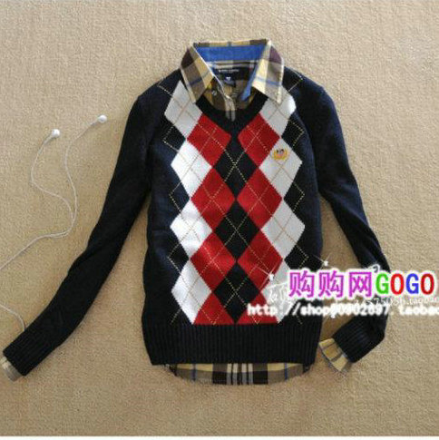 2012 fashion preppy style bear Women dimond plaid V-neck 100% cotton sweater bear