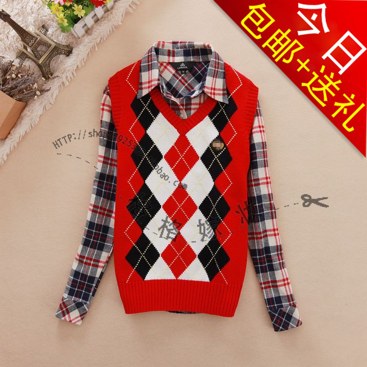 2012 fashion preppy style female 100% cotton V-neck small sweater vest wool waistcoat