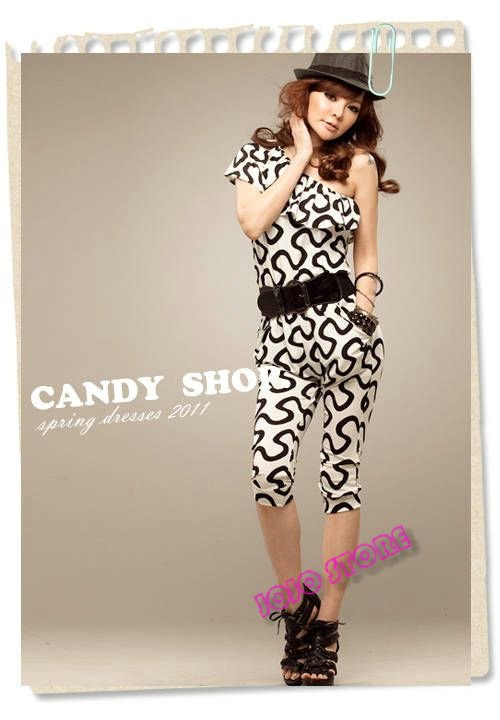 2012 Fashion  Printed Haren Pants Lovely Women Jumpsuits Rompers  With  One-Shoulder Ruffles side Free Shipping