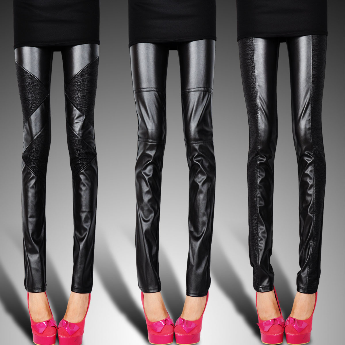 2012 fashion PU pants legging female patchwork trousers black colorant match leather pants legging autumn and winter