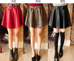 2012 fashion PU short skirt female  elastic waist leopard print leather  pleated skirt basic bust skirt