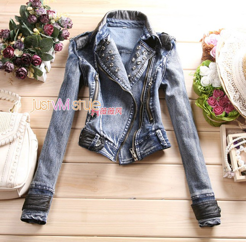 2012 fashion punk short jacket handmade beading motorcycle slim long-sleeve short design denim outerwear top