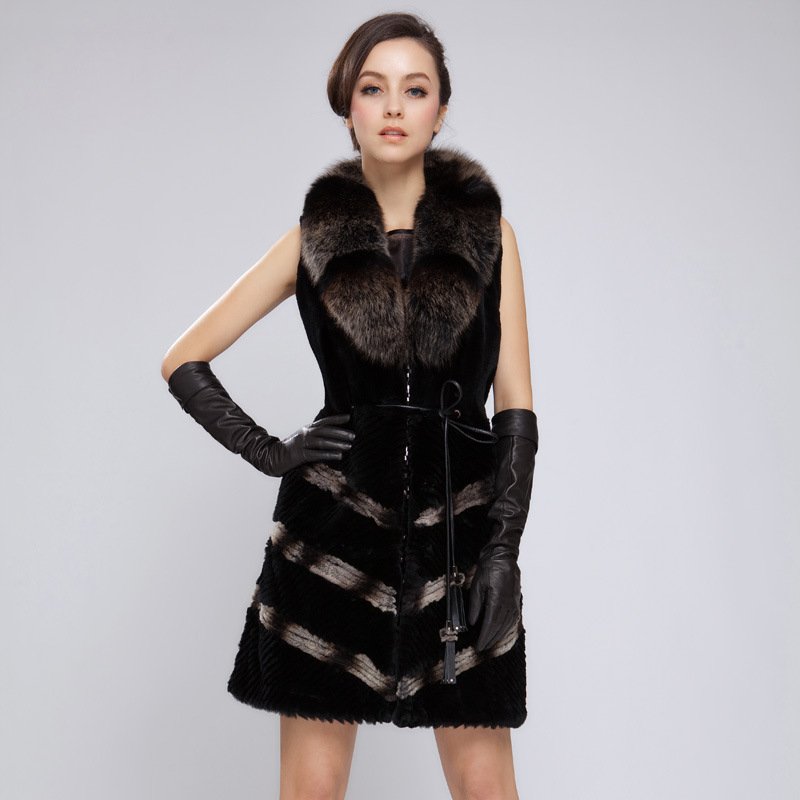 2012 Fashion Rex Rabbit Fur  Women Long Vest with Fox Fur Collar FRF0110 Size of M, L, XL,XXL