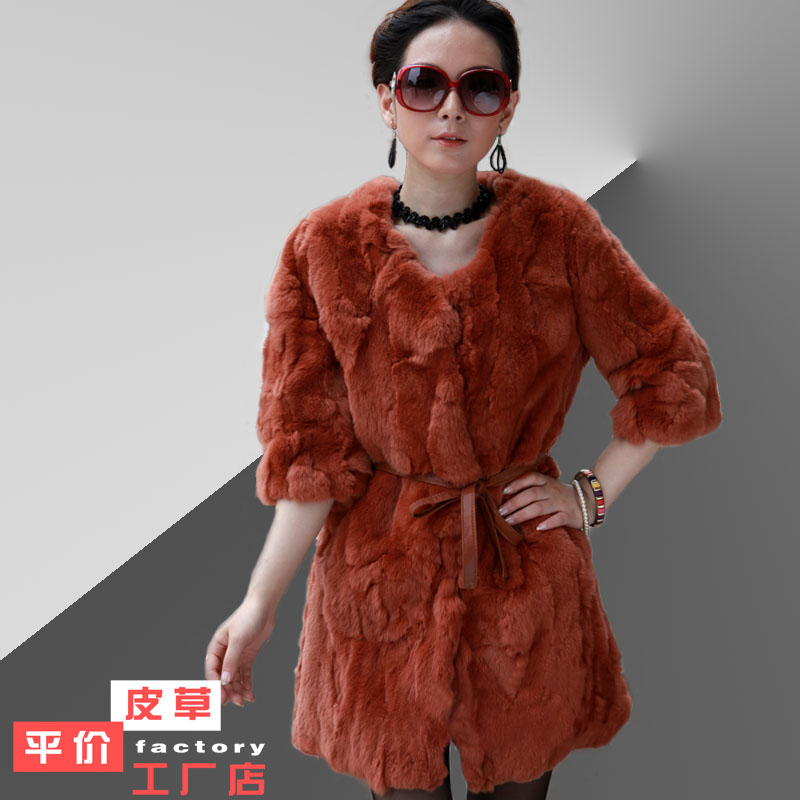 2012 fashion rex rabbit hair o-neck medium-long slim fur women's outerwear with belt