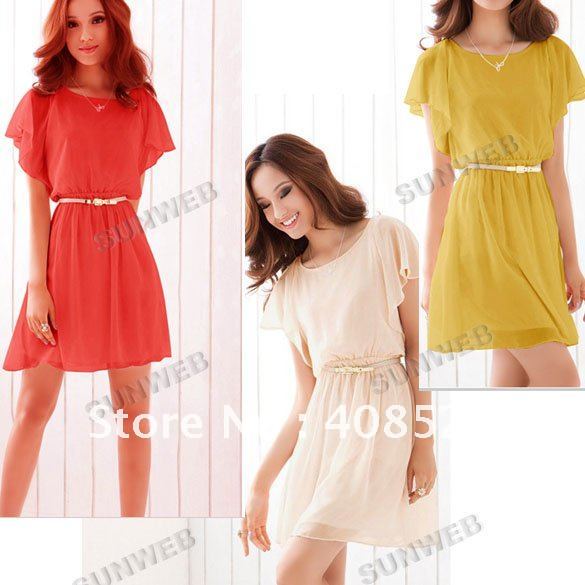 2012 fashion sexy  Women's Chiffon Dress Butterfly Sleeve Round Neck Open Back Slim 3 colors free shipping 5103