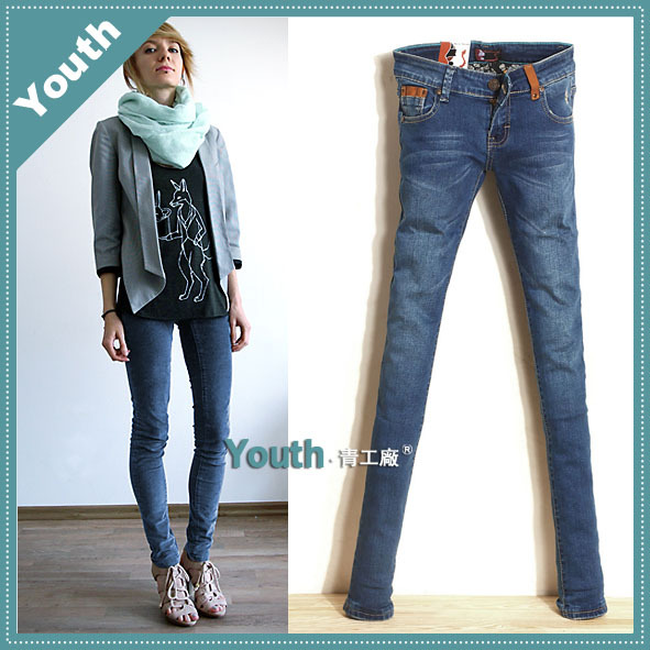 2012 fashion skull embroidery blue jeans female low-waist pencil pants trousers