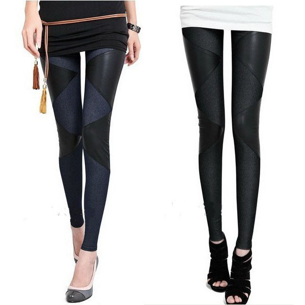 2012 fashion slim faux denim legging faux leather patchwork ankle length trousers female spring and autumn