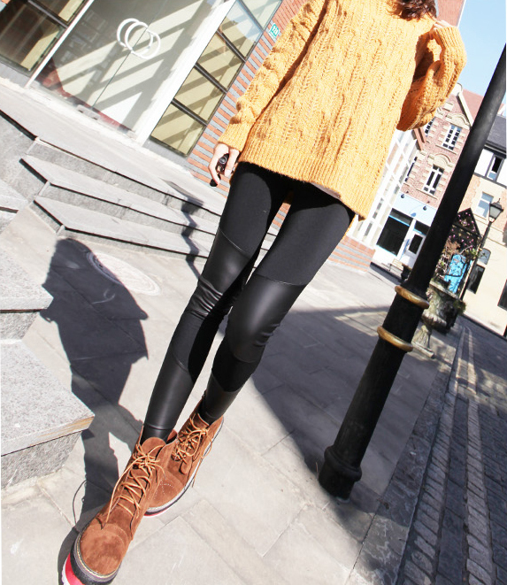 2012 fashion slim faux leather cotton patchwork plus velvet thickening warm pencil pants legging pants boot cut jeans