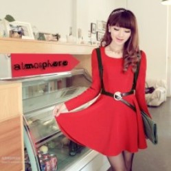 2012 fashion Solid color sweet Ruili round neck long-sleeved leather stitching big skirt dress freeshipping