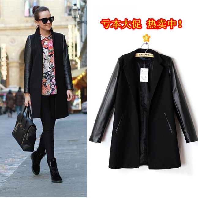 2012 fashion suit collar medium-long no button trench leather patchwork wool coat