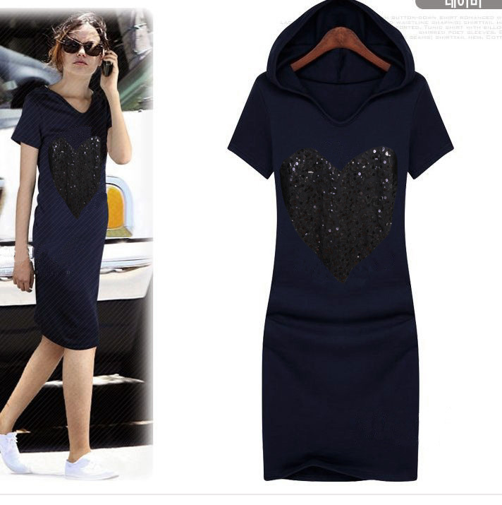 2012 Fashion summer slim long design with a hood casual one-piece dress full dress, big heart print