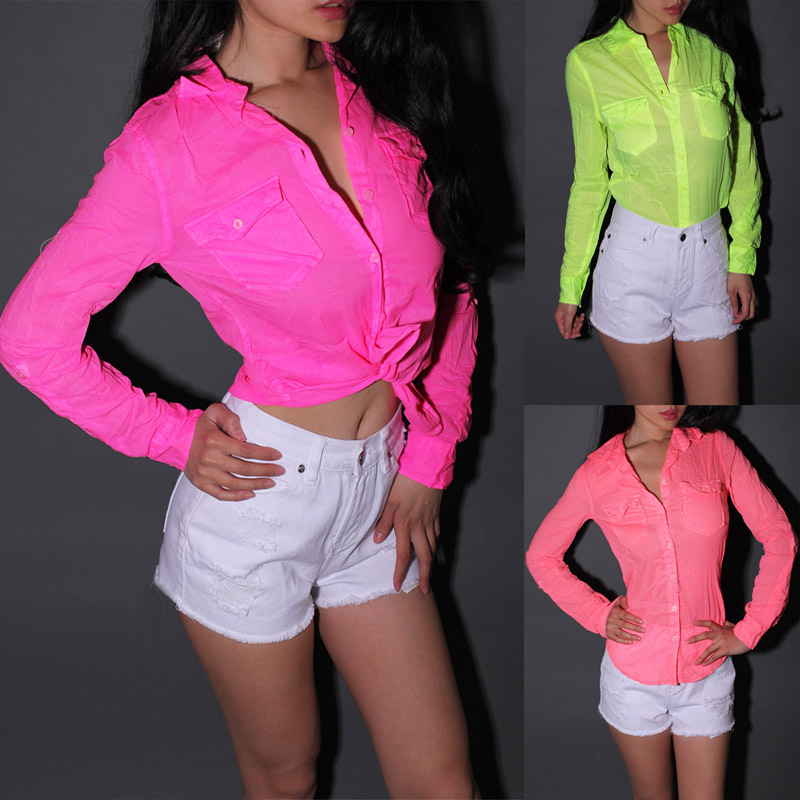 2012 fashion summer women's long-sleeve neon color shirt sexy slim women shirt