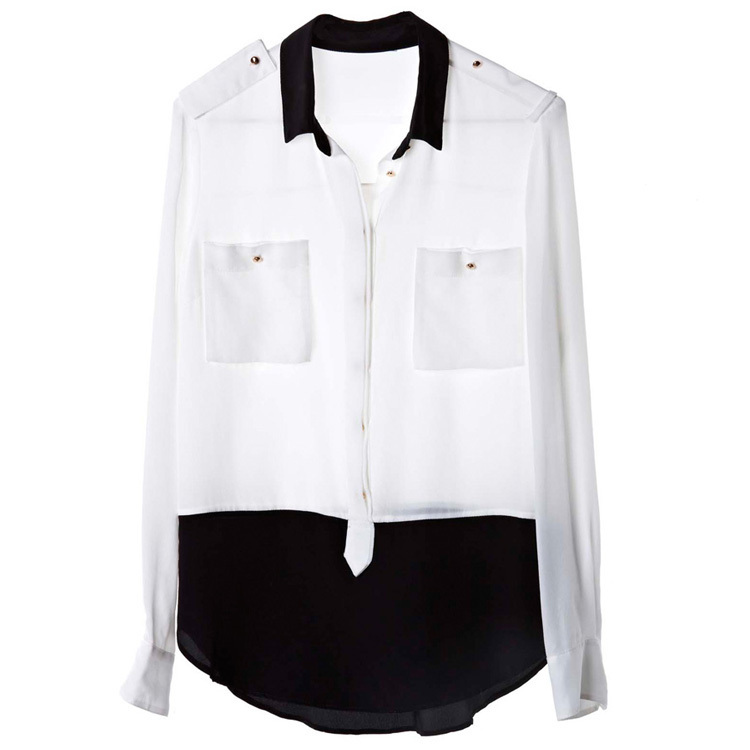 2012 Fashion Tee Shirt, Black And White Color Block Suit Collar Double Pocket Women Blouses,Free Shipping