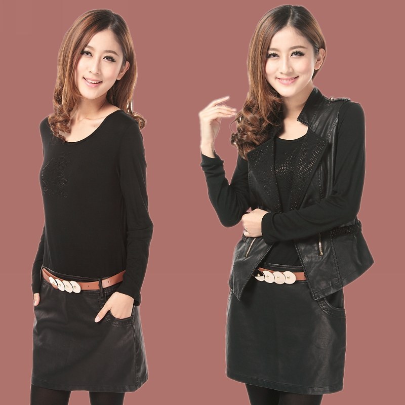 2012 fashion twinset leather clothing PU half-skirt long-sleeve fashion one-piece dress