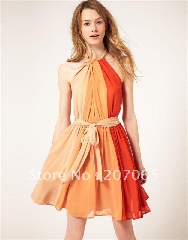 2012 fashion vintage high waist lacing colorant match contrast color halter-neck style chiffon dress,women dress