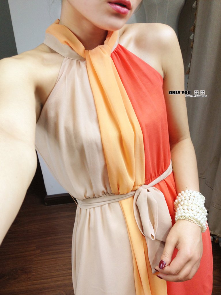 2012 fashion vintage high waist lacing colorant match contrast color halter-neck style chiffon one-piece dress