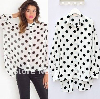 2012 Fashion White Chiffon Asymmetrical Length Black Dot Shirt Long Sleeve Women's Shirts Drop Ship