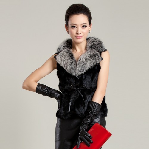 2012 fashion winter leather real rabbit fur women turn down fox collar short rabbit vest black brown coat luxury jacket EP9102