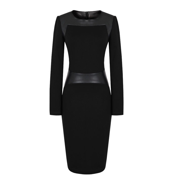 2012 fashion winter OL Black outfit leather patchwork slim long sleeve knee length pencil dress business dresses free shipping