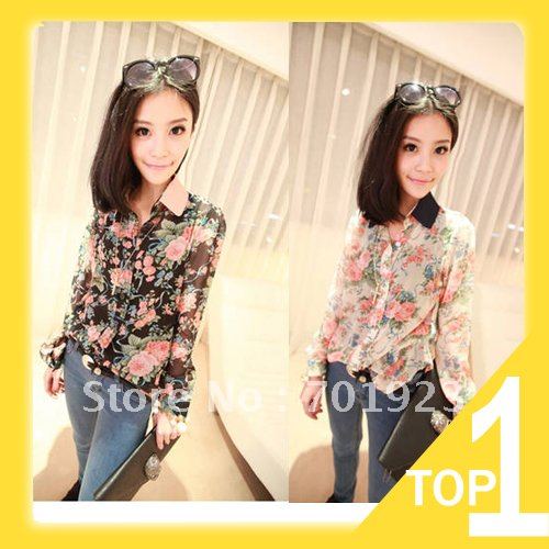 2012 Fashion Women's blouse Chiffon Shirt Snow Spins Perspective Roses Pattern Long sleeve blouse free shipping Y2409