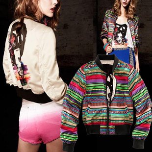 2012 fashion women's ethnic style stripe+ abstract pattern reversible jacket  Aztec short jacket coat Free Shipping