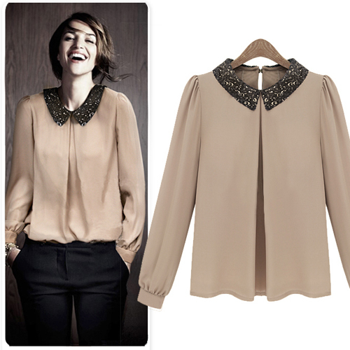 2012 fashion women's fashion paillette long-sleeve top shirt chiffon shirt chiffon shirt