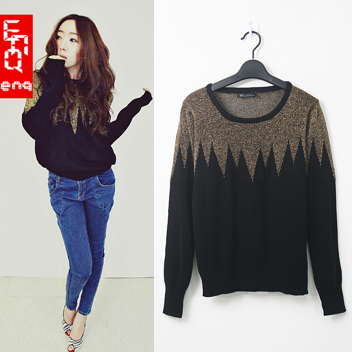 2012 fashion women's gold sweater ubiquitous1 patchwork vintage o-neck long-sleeve knitted autumn sweater