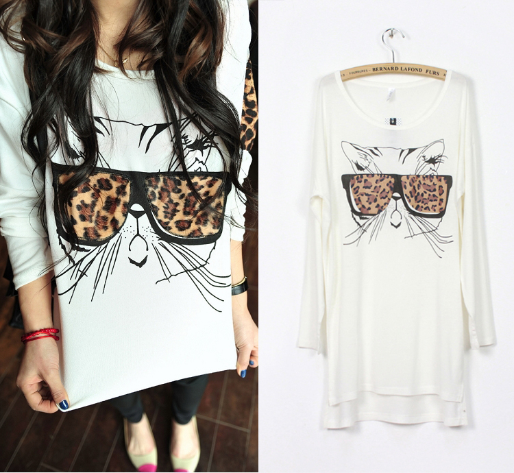 2012 fashion women's leopard print glasses kitten loose long-sleeve personalized fashion t-shirt one-piece dress