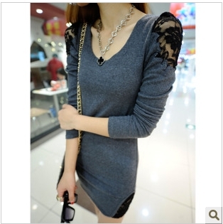 2012 fashion Women's Long Sleeve T-Shirts Ladies Top Wear Lady Clothes O-Neck Tops Blouse lace Dress Free Shipping