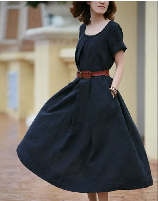 2012 fashion women's plus size loose high waist short-sleeve linen dress full dress with belt S00009