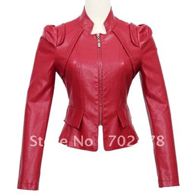 2012  fashion women's PU leather jacket short design red black jackets puff sleeve outerwear free shipping dropship