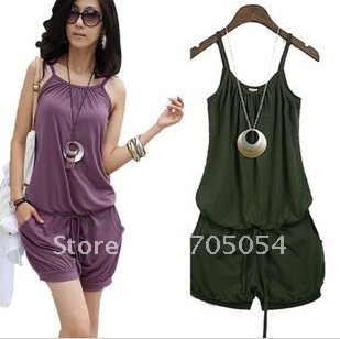 2012 Fashion Women Sleeveless Straps Short Jumpsuit Scoop Army Green, Black,Purple Free Shipping