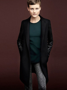 2012 fashion Womens Wool Blend Contrast Black PU Faux Leather Sleeved Fitted Coat Jacket black for ladys celebrity