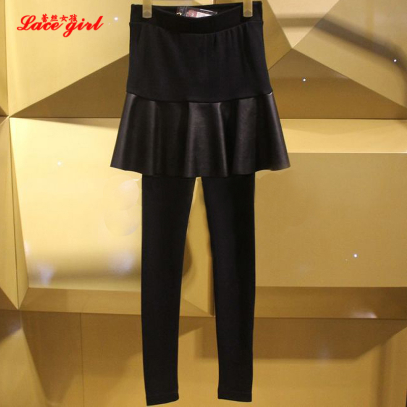 2012 fashionable casual all-match legging faux two piece leather skirt legging patchwork female trousers