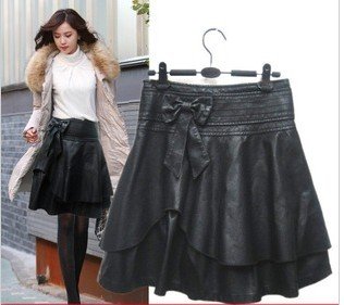 2012 Fashionable lady casual leather skirt elegant ruffle bow plus size leather short skirt women bust skirt free shipping