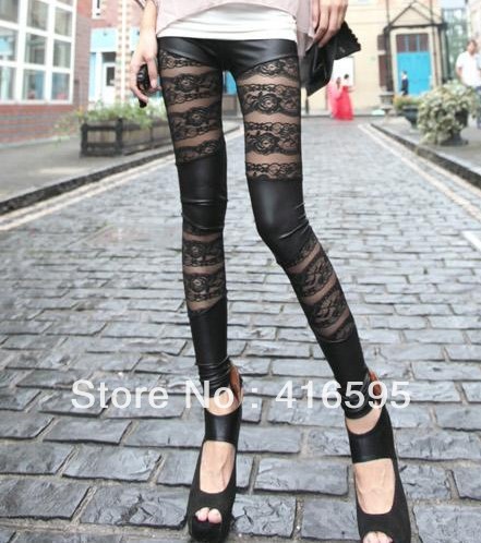 2012 faux leather lace legging sexy lace rose faux leather double basic ankle length trousers skinny pants