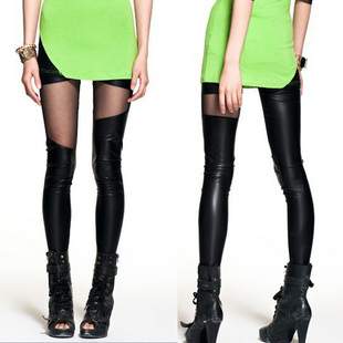 2012 faux leather legging gauze personalized patchwork ankle length trousers female elastic trousers