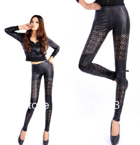 2012 faux leather petals cutout ankle length trousers sexy fashion normic slim trousers female