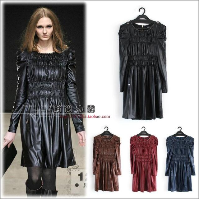 2012 faux leather slim fashion women's long-sleeve creased one-piece dress women's