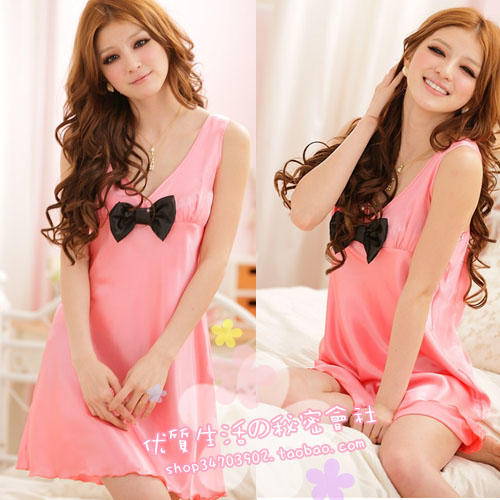 2012 faux silk satin bow nightgown women's sleepwear lounge