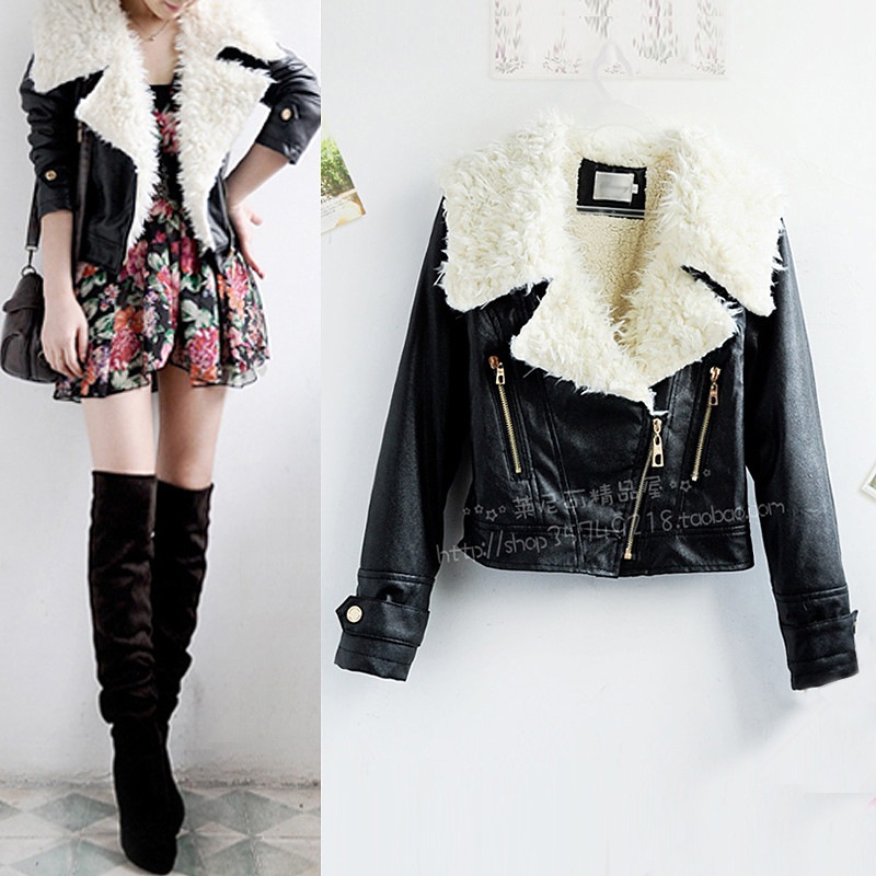 2012 female autumn and winter new arrival plus velvet large fur collar slim short design motorcycle jacket leather clothing coat