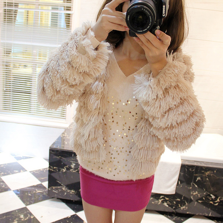 2012 female autumn and winter sweet tassel multi-layer plush fleece cardigan short jacket