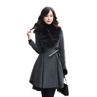 2012 female autumn fur collar overcoat pleated genuine leather slim waist slim wool coat woolen outerwear