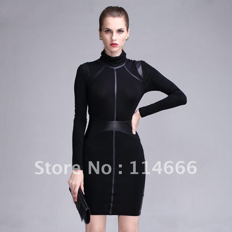 2012 female autumn turtleneck slim hip slim long-sleeve Black Leather Dress Free Shipping