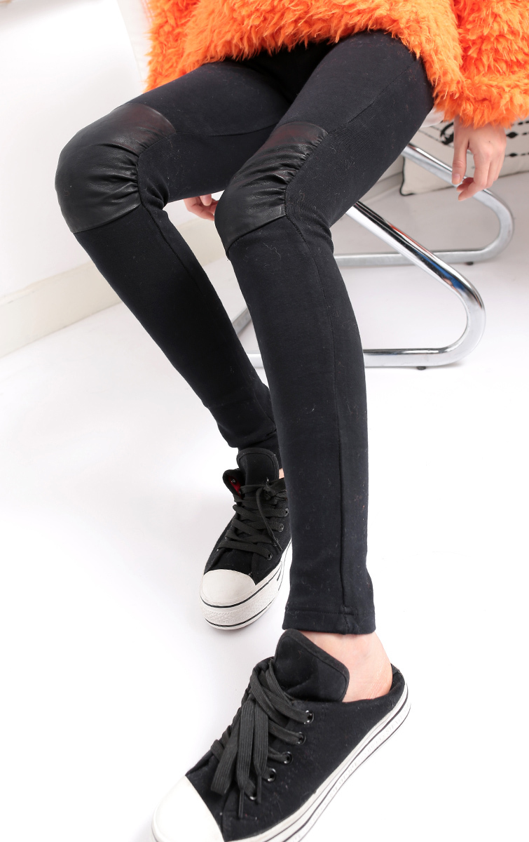 2012 female big elastic slim thickening fleece legging trousers leather u patchwork