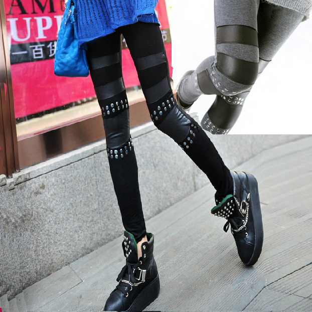 2012 female fashion rivet matte faux leather patchwork modal cotton legging knee patch