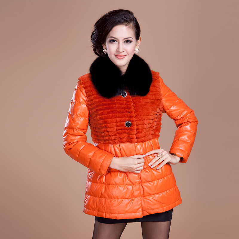 2012 female genuine leather down leather coat fur slim fox fur patchwork rex rabbit skin wool one piece short wintercoat s615