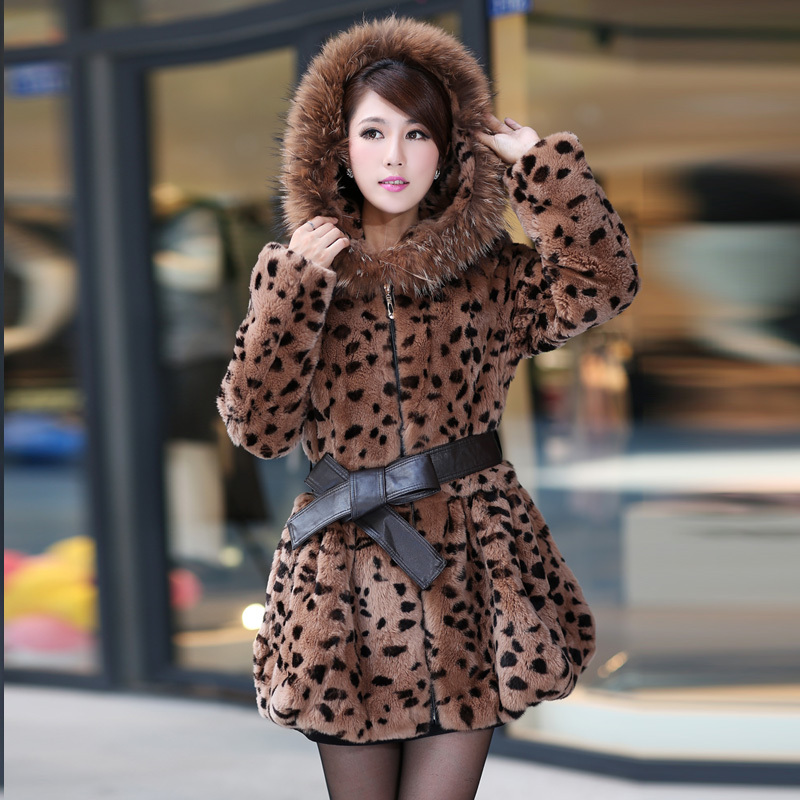 2012 female leopard print hooded rabbit fur raccoon fur coat 8516